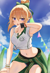 Rule 34 | 1girl, absurdres, arm up, armpits, black shorts, blonde hair, blue sky, blush, bow, chloe (princess connect!), chloe (school festival) (princess connect!), clothes around waist, collared shirt, commentary request, day, elf, green bow, green jacket, gym shirt, gym shorts, hair between eyes, hair bow, highres, jacket, jacket around waist, looking at viewer, m kong, navel, open mouth, outdoors, pennant, pointy ears, ponytail, princess connect!, purple eyes, shirt, short hair, short ponytail, shorts, sky, sleeveless, sleeveless shirt, solo, sweatband, tied shirt, v-shaped eyebrows, white shirt, wiping sweat