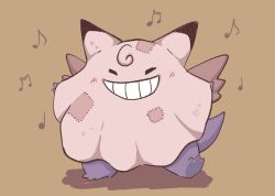 Rule 34 | blush, brown background, clefable, clefable (cosplay), closed eyes, commentary request, cosplay, creatures (company), full body, game freak, gen 1 pokemon, gengar, grin, highres, leg up, musical note, nintendo, no humans, oimo kenpi, pokemon, pokemon (creature), simple background, smile, solo, standing, standing on one leg, teeth