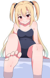 Rule 34 | 1girl, absurdres, arihara nanami, bare shoulders, barefoot, black one-piece swimsuit, blonde hair, blush, breasts, closed mouth, commentary, covered navel, eyes visible through hair, feet, foot out of frame, foot up, foreshortening, hair between eyes, halterneck, highres, long hair, looking at viewer, medium breasts, one-piece swimsuit, red eyes, riddle joker, simple background, sitting, smile, soaking feet, soles, solo, split mouth, straight hair, swimsuit, symbol-only commentary, toes, two side up, very long hair, water, white background, zlmh7okwwbmghfo