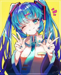 Rule 34 | 1girl, ;), bare shoulders, black sleeves, blue eyes, blue hair, blue nails, blue necktie, blush, breasts, closed mouth, collared shirt, commentary, commission, detached sleeves, double w, hair ornament, hairclip, hands up, hatsune miku, head tilt, highres, long sleeves, looking at viewer, nail polish, necktie, notice lines, one eye closed, sha2mo, shirt, signature, skeb commission, sleeveless, sleeveless shirt, small breasts, smile, solo, twintails, upper body, vocaloid, w, white shirt, wide sleeves, x hair ornament, yellow background