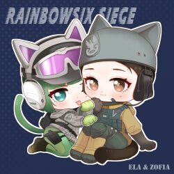 Rule 34 | 2girls, absurdres, animal hands, arknights, baseball cap, black gloves, blue background, blue eyes, blush, boots, brown eyes, brown footwear, brown hair, brown jacket, camouflage, camouflage jacket, cat tail, character name, chibi, closed mouth, copyright name, ear protection, ela (rainbow six siege), elbow gloves, gloves, goggles, goggles on headwear, green gloves, green hair, green pantyhose, grey hat, grey jacket, hairtail, hat, headset, helmet, highres, hood, hood down, hooded jacket, jacket, knee pads, knees up, looking at viewer, multiple girls, outline, pantyhose, paw gloves, polka dot, polka dot background, rainbow six siege, simple background, sitting, smile, swept bangs, tail, tongue, tongue out, white outline, zofia (rainbow six siege)