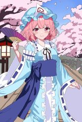 Rule 34 | 1girl, blue hat, blue kimono, breasts, cherry blossoms, commentary request, folding fan, frilled kimono, frills, hand fan, hat, japanese clothes, kimono, mob cap, pink eyes, pink hair, saigyouji yuyuko, sleeve garter, small breasts, solo, touhou, triangular headpiece