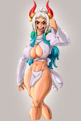 Rule 34 | 1girl, abs, alternate costume, breasts, curvy, female focus, gold, highres, horns, large breasts, multicolored hair, muscular, muscular arms, muscular female, muscular legs, one piece, orange eyes, ornament, solo, thick thighs, thighs, yamato (one piece)