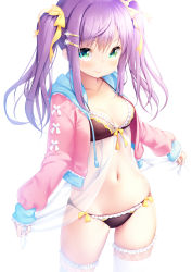 Rule 34 | 1girl, babydoll, blush, breasts, cowboy shot, from side, green eyes, highres, hood, hood down, hooded jacket, jacket, long hair, looking at viewer, navel, open clothes, open jacket, original, panties, purple hair, see-through, simple background, small breasts, smile, solo, thighhighs, twintails, underwear, white background, white thighhighs, zizi (zz22)