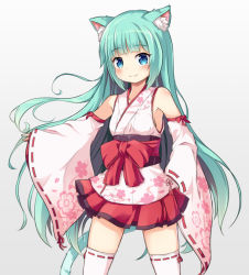 Rule 34 | 1girl, :3, animal ears, bare shoulders, blue eyes, blush, bow, cat ears, character request, closed mouth, commentary request, cowboy shot, detached sleeves, floral print, gradient background, green hair, grey background, japanese clothes, kimono, long hair, long sleeves, maplestory, nekono rin, obi, pink kimono, pleated skirt, print kimono, red bow, red skirt, ribbon-trimmed legwear, ribbon-trimmed sleeves, ribbon trim, sash, short kimono, skirt, sleeveless, sleeveless kimono, sleeves past wrists, smile, solo, thighhighs, thighs, very long hair, white thighhighs, wide sleeves