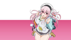 Rule 34 | 10s, 1girl, blush, breasts, cleavage, headphones, highres, large breasts, long hair, mascot, nitroplus, official art, open mouth, pink eyes, pink hair, red eyes, solo, soniani, super sonico