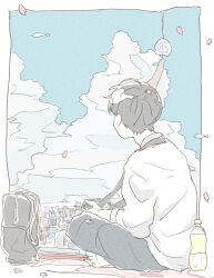 Rule 34 | 1boy, arm up, backpack, bag, barefoot, black hair, black pants, blue sky, border, bottle, building, cherry blossoms, city, cityscape, cloud, cloudy sky, collared shirt, day, facing away, falling petals, from behind, full body, indian style, limited palette, long sleeves, male focus, nagata (hino daibutsu), necktie, original, outdoors, outside border, pale color, pants, petals, school bag, shirt, short hair, sitting, sketch, sky, skyline, solo, water bottle, white border, white shirt, wind, wind chime