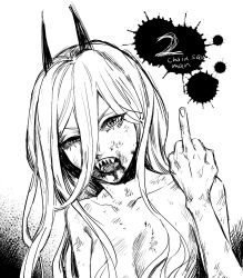 Rule 34 | 1girl, artist request, blood, blood on face, breasts, chainsaw man, crosshair, highres, horns, looking at viewer, middle finger, monochrome, open mouth, power (chainsaw man), sharp teeth, small breasts, solo, teeth, topless