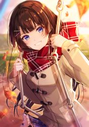 Rule 34 | 1girl, absurdres, bad id, bad pixiv id, blue eyes, blue skirt, blunt bangs, blurry, blurry background, breasts, brown coat, brown hair, coat, commentary request, depth of field, duffel coat, enpera, falling leaves, frilled skirt, frills, goroo (eneosu), grin, hair ornament, hairclip, hands up, highres, leaf, long hair, long sleeves, looking at viewer, medium breasts, nijisanji, outdoors, pleated skirt, red scarf, scarf, skirt, smile, solo, sunset, tsukino mito, tsukino mito (6th costume), very long hair, virtual youtuber