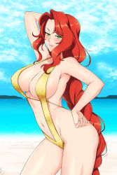 Rule 34 | 1girl, alternate costume, arm up, beach, braid, braided ponytail, breasts, cleavage, commentary, commission, fire emblem, fire emblem: radiant dawn, green eyes, horizon, large breasts, lindaroze, long hair, navel, nintendo, ocean, one-piece swimsuit, red hair, sand, single braid, slingshot swimsuit, smirk, solo, standing, swimsuit, titania (fire emblem), very long hair, yellow one-piece swimsuit