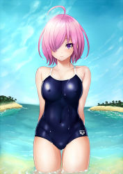 Rule 34 | 1girl, ahoge, alternate costume, arena (company), beach, competition school swimsuit, covered erect nipples, cowboy shot, day, fate/grand order, fate (series), hair over one eye, highres, horizon, looking at viewer, marubonman, mash kyrielight, one-piece swimsuit, outdoors, partially submerged, pink hair, purple eyes, school swimsuit, short hair, smile, solo, standing, swimsuit, wading, water, wet