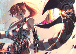 Rule 34 | 1girl, bare shoulders, breasts, expressionless, floating hair, gloves, glowing, glowing eyes, hair ornament, highres, large breasts, long hair, looking afar, mecha musume, mechanical arms, mechanical legs, mechanical tail, namahamu913, original, ponytail, powering up, scorpion tail, sidelocks, solo, tail, weapon, wind