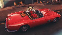 Rule 34 | 1girl, absurdres, anchovy (girls und panzer), car, chair, commentary, ferrari, ferrari 250 gt california spyder, food, girls und panzer, green hair, highres, long hair, long sleeves, mizzterbii, motor vehicle, overalls, pizza, pizza box, red overalls, road, shirt, solo, steering wheel, street, table, twintails, vehicle focus, white shirt