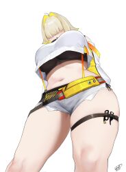 Rule 34 | 1girl, ahoge, black sports bra, blonde hair, blush, breasts, crop top, cropped sweater, elegg (nikke), exposed pocket, from below, goddess of victory: nikke, grey shorts, hair intakes, hair over eyes, highres, large breasts, long bangs, long sleeves, micro shorts, multicolored hair, navel, short hair, shorts, signature, simple background, skindentation, skullse, solo, sports bra, suspender shorts, suspenders, thick thighs, thigh strap, thighs, two-tone hair, white background