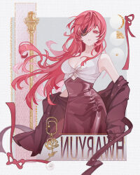 1girl absurdres bare_shoulders black_jacket black_skirt breasts buttons character_name cleavage eyepatch floating_hair high-waist_skirt highres hwa_ryun jacket long_hair looking_at_viewer medium_breasts off_shoulder one_eye_covered red_eyes red_hair rolling-ruffles shirt skirt sleeveless sleeveless_shirt solo tower_of_god white_shirt