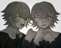 Rule 34 | 2boys, :d, blush, brown hair, buttons, danganronpa: trigger happy havoc, danganronpa (series), dual persona, fujisaki chihiro, grey background, grey eyes, hair between eyes, hands up, highres, long sleeves, looking at viewer, lower teeth only, multiple boys, neck ribbon, open mouth, own hands together, portrait, red ribbon, ribbon, sema (vivaviva 02), short hair, simple background, smile, sweat, teeth, tongue