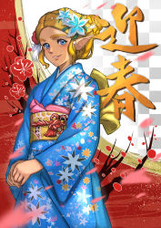 Rule 34 | 1girl, 2022, absurdres, alternate costume, blonde hair, blue eyes, cherry blossoms, happy new year, highres, japanese clothes, kimono, looking at viewer, new year, nintendo, pearl hair ornament, pointy ears, princess zelda, sidelocks, silent princess, smile, takapon-o-ji, the legend of zelda, the legend of zelda: breath of the wild, yukata