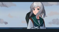Rule 34 | 1girl, absurdres, blue neckerchief, brown eyes, cloud, commentary request, day, green sailor collar, grey hair, hair ribbon, hato kan, highres, kantai collection, letterboxed, long hair, looking at viewer, neckerchief, outdoors, parted lips, ponytail, red ribbon, ribbon, rigging, sailor collar, school uniform, serafuku, sky, solo, upper body, usugumo (kancolle)