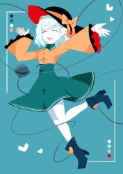 Rule 34 | 1girl, :d, aqua eyes, black footwear, black hat, blouse, blue background, boots, bow, buttons, closed eyes, color guide, diamond button, eyeball, frilled shirt collar, frilled sleeves, frills, full body, green skirt, hat, hat bow, hat ribbon, highres, koishi day, komeiji koishi, long sleeves, medium hair, nosada, open mouth, outstretched arms, pantyhose, ribbon, shirt, skirt, smile, solo, third eye, touhou, upper body, white pantyhose, wide sleeves, yellow bow, yellow ribbon, yellow shirt