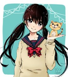 Rule 34 | 1girl, alternate color, alternate eye color, alternate hair color, animal, arm at side, beige sweater, black eyes, black hair, blue background, blue sailor collar, blunt bangs, cat, collarbone, commentary request, dot nose, hand up, happy, head tilt, heart, heart in eye, hito ten shinome, holding, holding toy, kawamoto hinata, long hair, long sleeves, looking away, musical note, neck ribbon, red ribbon, red sailor collar, ribbon, sailor collar, sangatsu no lion, school uniform, simple background, sleeves past wrists, smile, solo, sparkle, string of flags, sweater, symbol in eye, toy, twintails, uniform, upper body