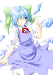 Rule 34 | 1girl, blue eyes, blue hair, bow, bowtie, cirno, dress, highres, ice, ice wings, matching hair/eyes, niwatazumi, short hair, smile, solo, touhou, v, wings, wink