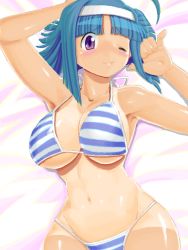 Rule 34 | 10s, 1girl, ;), ahoge, arms up, bikini, blue hair, blush, breasts, curvy, hairband, hip focus, kaitou tenshi twin angel, kannazuki aoi, large breasts, looking at viewer, lying, on back, one-piece tan, one eye closed, purple eyes, shiny skin, short hair, smile, solo, striped bikini, striped clothes, swimsuit, tan, tanline, twin angel, wide hips, wink, zouzou
