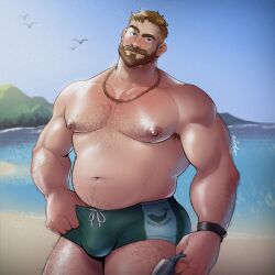 Rule 34 | 1boy, adam&#039;s apple, arm hair, armpit hair, armpit hair peek, bara, beach, beard, belly, brown hair, chain necklace, coral island, cowboy shot, eido art, facial hair, finger under clothes, full beard, hairy, head tilt, highres, jewelry, large pectorals, looking at viewer, male focus, male swimwear pull, mark (coral island), muscular, muscular male, necklace, pectorals, pulled by self, sand, short hair, smile, solo, sparse arm hair, sparse chest hair, sparse leg hair, standing, thick beard, thick mustache, topless male, water