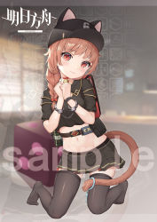 Rule 34 | 1girl, absurdres, aged down, animal ears, arknights, ash (rainbow six siege), ash (ranger) (rainbow six siege), bell, black hat, black shirt, black skirt, black thighhighs, blush, bow, braid, brown hair, cat ears, cat girl, cat tail, choker, commentary, copyright name, crop top, cuffs, ears through headwear, flashbang, full body, hair bow, handcuffs, hat, highres, infection monitor (arknights), kneeling, kuroida, long hair, looking at viewer, midriff, miniskirt, navel, neck bell, rainbow six siege, red choker, red eyes, sample watermark, shirt, skirt, slit pupils, solo, tail, thighhighs, watermark, wristband, zoom layer