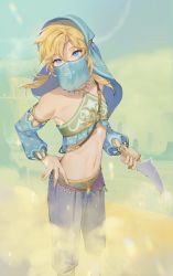 Rule 34 | 1boy, arabian clothes, armlet, bare shoulders, blonde hair, blue eyes, bridal gauntlets, circlet, collarbone, crossdressing, detached sleeves, dinwoon, earrings, feet out of frame, gerudo set (zelda), hand on own hip, harem pants, highres, holding, holding weapon, jewelry, link, looking at viewer, male focus, midriff, mouth veil, navel, nintendo, official alternate costume, outdoors, pants, pointy ears, sand, solo, stomach, the legend of zelda, the legend of zelda: breath of the wild, trap, veil, weapon