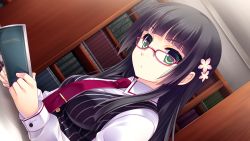 Rule 34 | 1girl, black hair, book, breasts, game cg, glasses, green eyes, guardian place, hair ornament, highres, library, long hair, looking at viewer, necktie, serious, sitting, solo, suminoin ouka, table, tsurugi hagane