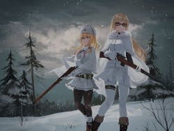 Rule 34 | 2girls, black-framed eyewear, blonde hair, blue eyes, bolt action, boots, bow, breasts, brown footwear, brown legwear, capelet, chihuri, cloak, closed mouth, cloud, cloudy sky, commentary request, cross-laced footwear, fur-trimmed capelet, fur-trimmed cloak, fur-trimmed gloves, fur hat, fur trim, girls&#039; frontline, glasses, gloves, gun, hair between eyes, hair bow, hat, highres, holding, holding gun, holding weapon, jacket, lace-up boots, long hair, long sleeves, looking at viewer, medium breasts, mosin-nagant, mosin-nagant (girls&#039; frontline), multiple girls, name connection, neck ribbon, object namesake, outdoors, pantyhose, pleated skirt, red bow, red ribbon, red star, ribbon, rifle, scenery, scope, skirt, sky, snow, snowing, star (symbol), svt-38 (girls&#039; frontline), tree, very long hair, weapon, white capelet, white cloak, white gloves, white hat, white jacket, white legwear, white skirt