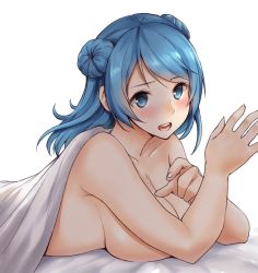 Rule 34 | 10s, 1girl, bed sheet, blue eyes, blue hair, breast rest, breasts, convenient censoring, double bun, hair bun, haregama shiina, highres, kantai collection, large breasts, looking at viewer, lying, medium hair, naked sheet, nude, on stomach, open mouth, simple background, solo, swept bangs, urakaze (kancolle), white background