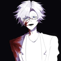 Rule 34 | 1boy, black background, blood, blood on clothes, blood on face, blood on neck, blue eyes, chinese commentary, commentary request, glasses, greyscale, jacket, jiuzini, kanou aogu, male focus, monochrome, open clothes, open jacket, open mouth, saibou shinkyoku, semi-rimless eyewear, shirt, simple background, solo, spot color