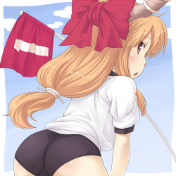 Rule 34 | 1girl, alternate costume, ass, blush, bow, brown eyes, buruma, cloud, cowboy shot, day, female focus, flag, from side, gym uniform, hair bow, horn ornament, horns, ibuki suika, leaning forward, light brown hair, long hair, looking at viewer, looking back, low-tied long hair, myonde, numbered flag, open mouth, outdoors, profile, shirt, short sleeves, sidelocks, sky, solo, touhou, very long hair