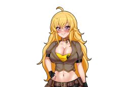 Rule 34 | 1girl, blonde hair, breasts, cleavage, fingerless gloves, gloves, hand on own hip, highres, large breasts, long hair, looking at viewer, midriff, navel, purple eyes, purple hair, rwby, skirt, smile, solo, tabletknight, yang xiao long
