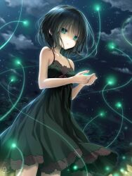 Rule 34 | 1girl, amatsutsumi, bare arms, black dress, black hair, breasts, chaamii, closed mouth, collarbone, commentary request, dress, expressionless, eyelashes, eyes visible through hair, feet out of frame, fingernails, fireflies, floral print, floral print dress, green eyes, hair between eyes, hands up, highres, looking down, minazuki hotaru (amatsutsumi), night, night sky, outdoors, own hands together, print dress, rose print, short hair, signature, sky, sleeveless, sleeveless dress, small breasts, solo, spaghetti strap, standing, sundress, underlighting