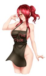 Rule 34 | 10s, 1girl, \m/, apron, black apron, blush, breasts, cleavage, closed mouth, clothes writing, collarbone, cowboy shot, fang, fang out, groin, hair over one eye, kobayashi rindou, large breasts, looking at viewer, naked apron, ponytail, red hair, shokugeki no souma, sideboob, sidelocks, smile, solo, twrlare, yellow eyes