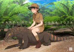 Rule 34 | 1girl, 2024, absurdres, brown eyes, brown footwear, brown hair, brown hat, brown shorts, brown socks, chinese zodiac, commentary request, full moon, happy new year, hat, highres, jungle, komodo dragon, moon, nature, new year, original, shinchou ni kansuru kousatsu, shoes, shorts, signature, sitting, sitting on animal, smile, socks, solo, year of the dragon