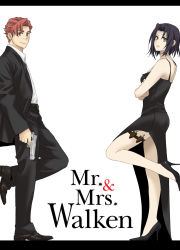 Rule 34 | 1boy, 1girl, baccano!, black dress, black hair, black suit, chane laforet, claire stanfield, couple, crossed arms, dress, formal, gun, guratan-hige, handgun, hetero, high heels, highres, knife, mr. and mrs. smith, parody, red eyes, red hair, shirt, shoes, short hair, smile, suit, weapon, white shirt, yellow eyes