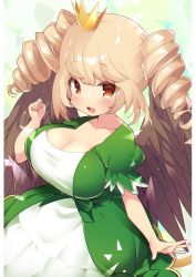 Rule 34 | 1girl, alternate breast size, blonde hair, blush, breasts, cleavage, crown, dress, drill hair, feathered wings, green dress, grifo (puyopuyo), highres, large breasts, msp sammy, open mouth, oppai loli, orange eyes, puyopuyo quest, short hair with long locks, smile, solo, taut clothes, taut dress, twin drills, wings