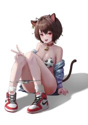 Rule 34 | 1girl, absurdres, air jordan, air jordan 1, animal collar, animal ear hairband, animal ears, animal print, arm support, bare shoulders, bell, bikini, bikini pull, blue jacket, blush, breasts, brown hair, cat ear hairband, cat ears, cat girl, cat tail, clothes pull, collar, commission, convenient leg, cow print, cow print bikini, cowbell, cross-laced footwear, crossed bangs, ear tag, fake animal ears, fake horns, hair between eyes, hairband, halterneck, hand on own knee, high tops, highres, horns, jacket, knees up, large breasts, long sleeves, neck bell, nike (company), off shoulder, open clothes, open jacket, open mouth, original, pixiv commission, print bikini, prunechi, red collar, red eyes, shoes, short hair, sitting, smile, sneakers, socks, solo, suang, swimsuit, tail, transparent background, v, white socks