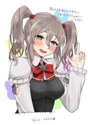Rule 34 | 1girl, absurdres, alternate hairstyle, bow, bowtie, breasts, brown eyes, commentary request, corset, grey hair, highres, kantai collection, looking at viewer, medium breasts, pola (kancolle), shirt, solo, thick eyebrows, toriniku senshi chikinman, translation request, twintails, upper body, v, wavy hair, white background, white shirt