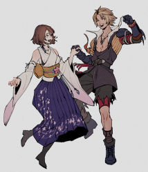 Rule 34 | 1boy, 1girl, blonde hair, bra strap, brown hair, detached sleeves, final fantasy, final fantasy x, hakama, hakama skirt, holding hands, highres, japanese clothes, jewelry, long skirt, looking at another, necklace, oimo (oimkimn), print hakama, simple background, skirt, smile, tidus, wide sleeves, yuna (ff10)