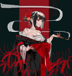 Rule 34 | 1girl, absurdres, bare shoulders, black hair, black kimono, blood, blood on clothes, breasts, chest sarashi, cleavage, closed mouth, flower, highres, japanese clothes, kimono, kiseru, large breasts, limbus company, looking at viewer, off shoulder, project moon, red eyes, red flower, red sash, ryoshu (project moon), sarashi, sash, short hair, smile, smoking pipe, solo, spider lily, xintangun