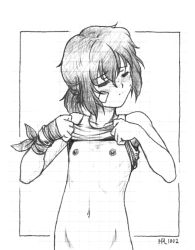 Rule 34 | 1girl, bandaid, bandaid on face, blush, border break, character request, closed eyes, clothes lift, collarbone, flat chest, graphite (medium), greyscale, harumachi nagaaki, monochrome, navel, nipples, shirt lift, simple background, solo, sweat, tank top, traditional media, upper body, white background