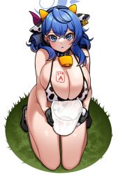Rule 34 | 1girl, ako (blue archive), animal ears, animal print, blue archive, blue eyes, blue hair, blush, breasts, cleavage, cow ears, cow horns, cow print, cowbell, highres, horns, huge breasts, looking at viewer, sitting, sni (qkrrjsdn03), solo
