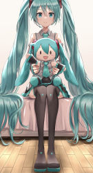 Rule 34 | 1girl, :d, absurdres, aqua eyes, aqua hair, aqua nails, aqua necktie, bare shoulders, bed, black skirt, black sleeves, black thighhighs, blush stickers, character doll, commentary, detached sleeves, doll, full body, grey shirt, hair ornament, hand up, hatsune miku, headphones, headset, highres, holding, holding doll, holding stuffed toy, itogari, long hair, looking at viewer, miniskirt, nail polish, necktie, open mouth, pleated skirt, sanpati (style), shirt, shoulder tattoo, sitting, skinny, skirt, sleeveless, sleeveless shirt, smile, solid oval eyes, solo, sparkle, stuffed toy, tattoo, thighhighs, twintails, very long hair, vocaloid, waving, wooden floor, zettai ryouiki