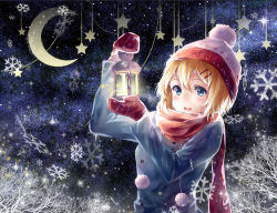 Rule 34 | 1girl, alternate costume, bare tree, beanie, blonde hair, blue eyes, blush, buttons, coat, crescent, glowing, hair between eyes, hair ornament, hairclip, hat, kagamine rin, lamp, long sleeves, mittens, night, night sky, outdoors, pom pom (clothes), red scarf, scarf, short hair, sky, smile, snowflakes, snowing, solo, star (symbol), teka, tree, vocaloid