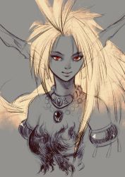 Rule 34 | 1girl, animal ears, breasts, breath of fire, breath of fire ii, closed mouth, highres, jewelry, kannoaki, long hair, looking at viewer, monochrome, necklace, pointy ears, rinpoo chuan, simple background, smile, solo