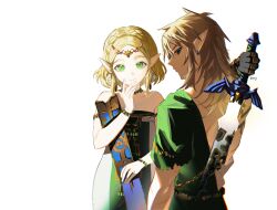 Rule 34 | 1boy, 1girl, absurdres, archaic set (zelda), armlet, asymmetrical clothes, bare shoulders, black gloves, blonde hair, blue eyes, bracelet, braid, broken, broken weapon, choker, closed mouth, crown braid, dress, duoj ji, earrings, facial mark, gloves, green eyes, hand up, headpiece, highres, holding, holding sheath, holding sword, holding weapon, jewelry, link, looking at viewer, master sword, medium hair, nintendo, official alternate hair length, official alternate hairstyle, parted bangs, pointy ears, princess, princess zelda, sheath, short hair, shoulder tattoo, sidelocks, strapless, strapless dress, sword, tattoo, the legend of zelda, the legend of zelda: tears of the kingdom, torn clothes, twitter username, upper body, weapon, weapon on back, white background